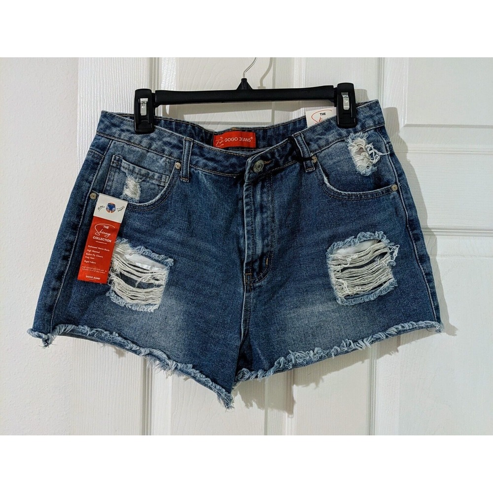 GOGO Jeans Distressed Denim Jean Shorts Raw Hem Ripped‎ Blue Womens Size 13/31
